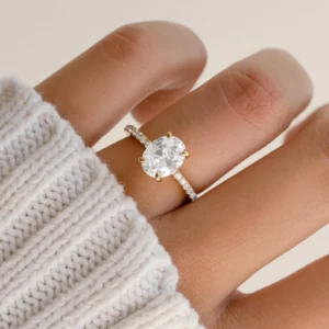 Oval Solitaire Diamond Engagement Ring with Pavé Band by Sami Jewels, Premium 925 Sterling Silver Ring Sizes 4-10